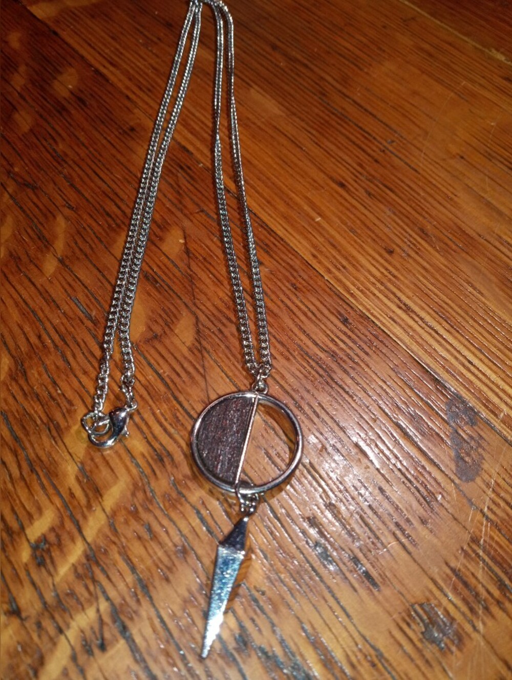 Silver-Tone Round Pendant Necklace with Dark Wood Inlay
